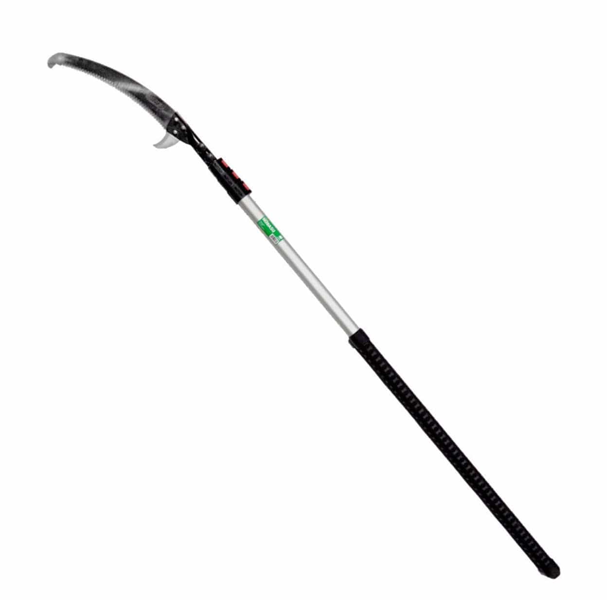 The SHT Aluminum Notch Pole Saw with Silky Hayuchi Blade features an aluminum telescoping pole, curved blade, and black handle, designed for professional pruning of tree branches at height.