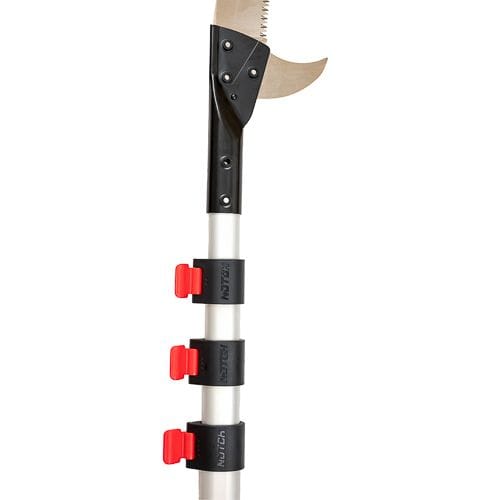 A close-up of the SHT Aluminum Notch Pole Saw with a Silky Hayuchi curved blade at the top and three red locking clamps on its telescoping aluminum handle.