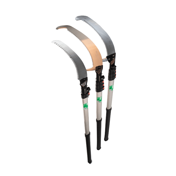 Three SHT Aluminum Notch Pole Saws with Silky Hayuchi curved serrated blades and telescoping handles are standing upright against a white background.