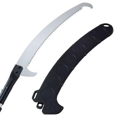 The SHT Aluminum Notch Pole Saw with Silky Hayuchi Blade features a curved, serrated pruning saw and a black plastic sheath, shown separately, and is perfect for use with an aluminum telescoping pole saw.