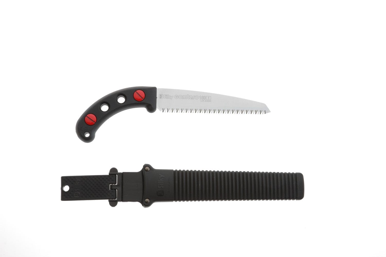 A SHT Gomtaro Saw and Sheath, featuring a 300mm blade, curved handle with a black grip and red screws, is positioned above its black plastic sheath on a white background.