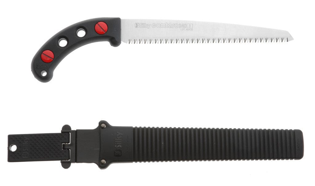 A SHT Gomtaro Saw and Sheath with a curved, sharp-toothed 300mm blade and a black and red handle is pictured above its black plastic sheath with belt attachment. The pruning saw displays "Silky Gomboy" text near the handle.