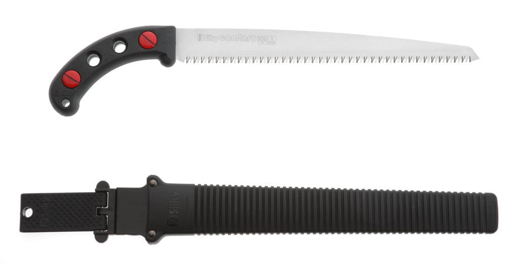 The SHT Gomtaro Saw and Sheath features a 300mm curved blade, black handle with red screws, sharp teeth, and comes with a black ribbed plastic sheath with a belt clip.