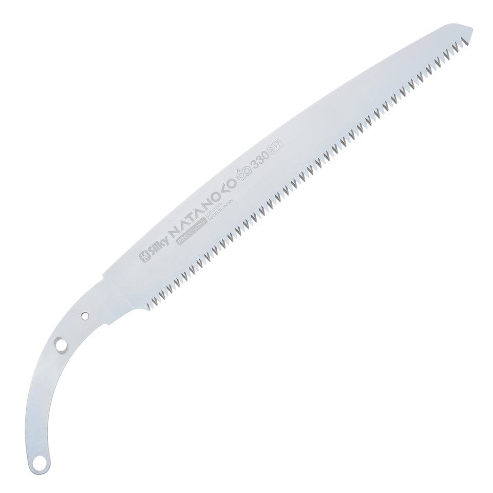 The SHT Natanoko Hand Saw features a curved, chrome-plated blade with razor-sharp, jagged teeth, a hole at the handle end, and is marked with "NATANOKO 330" plus additional text on the blade.