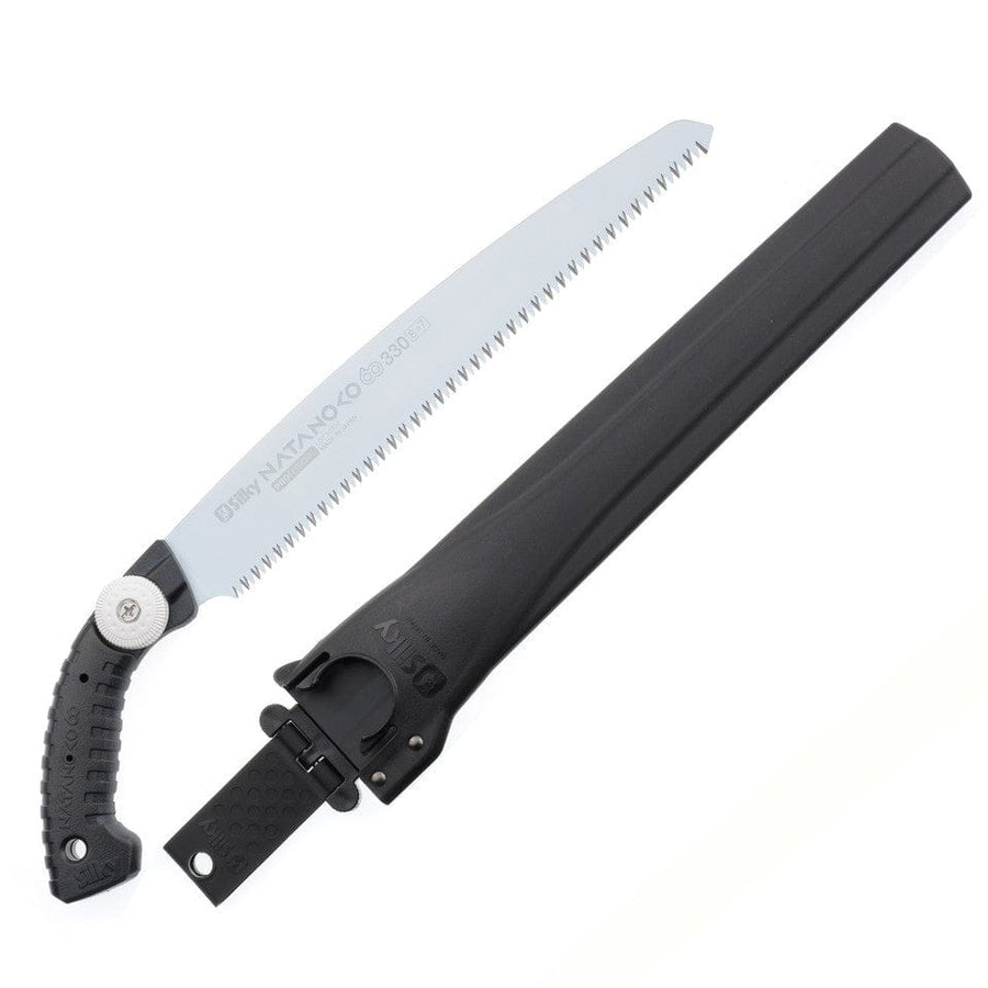 The SHT Natanoko Hand Saw features a curved, chrome-plated blade and a textured black handle, shown alongside its long black sheath.