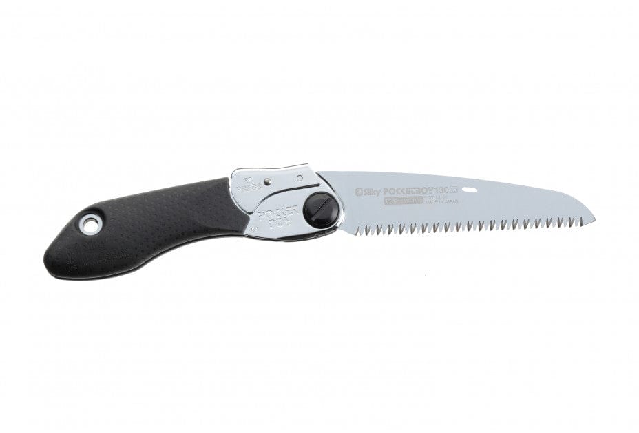 The BBT Silky Pocket Boy 130 Folding Saw is a compact handsaw with a black handle, silver blade, sharp teeth, and a locking mechanism near the base for secure cutting.
