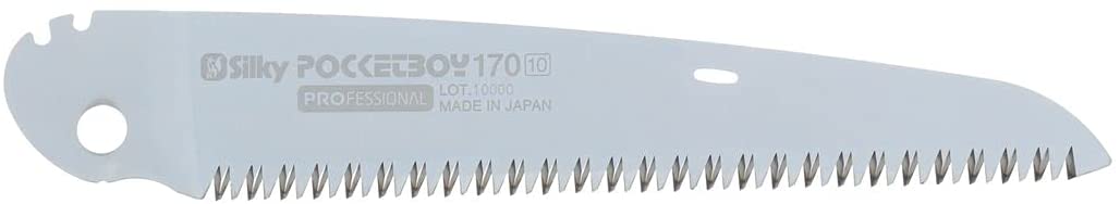The BBT Pocket Boy 170 Folding Saw, in silver, features sharp teeth and provides a tactile grip. It includes "Professional" and "Made in Japan" labels and is equipped with a reliable locking mechanism.