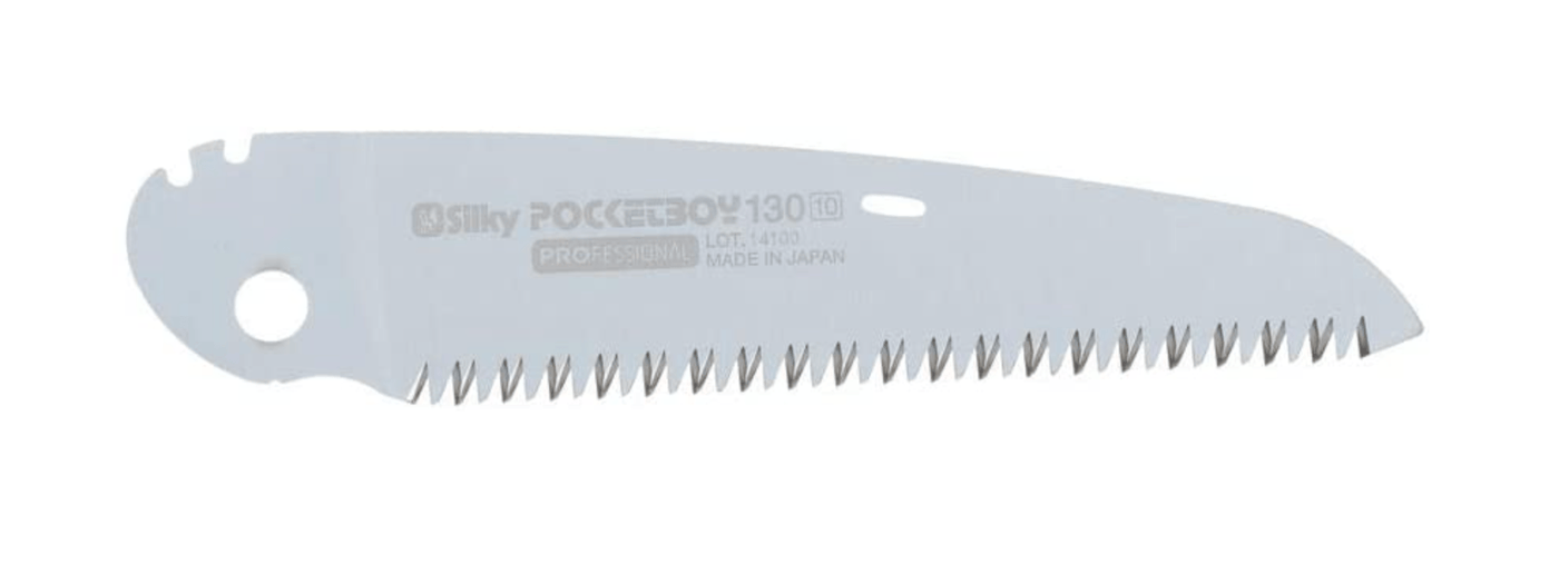 Replacement blade for the BBT Silky Pocket Boy 130 Folding Saw, featuring sharp, evenly spaced teeth and a hole at the base for attachment. The silver blade has engraved product info and fits interchangeable blade systems.