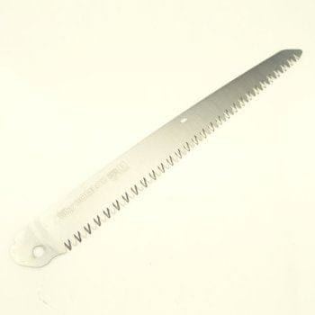 A close-up of the SHT Silky Gomboy 300 replacement blade shows its sharp, jagged Japanese steel teeth and attachment hole, set against a white background.