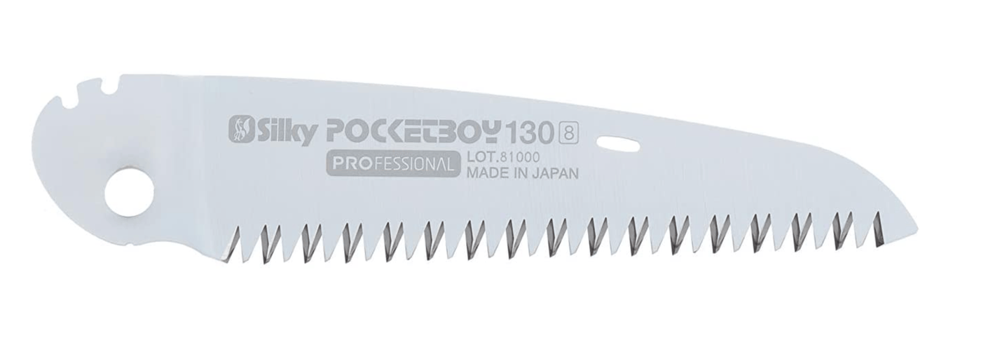 A replacement blade for the BBT Silky Pocket Boy 130 Folding Saw features sharp, jagged teeth and product details on the metal surface. Its interchangeable design lets you switch blades easily for quick maintenance.
