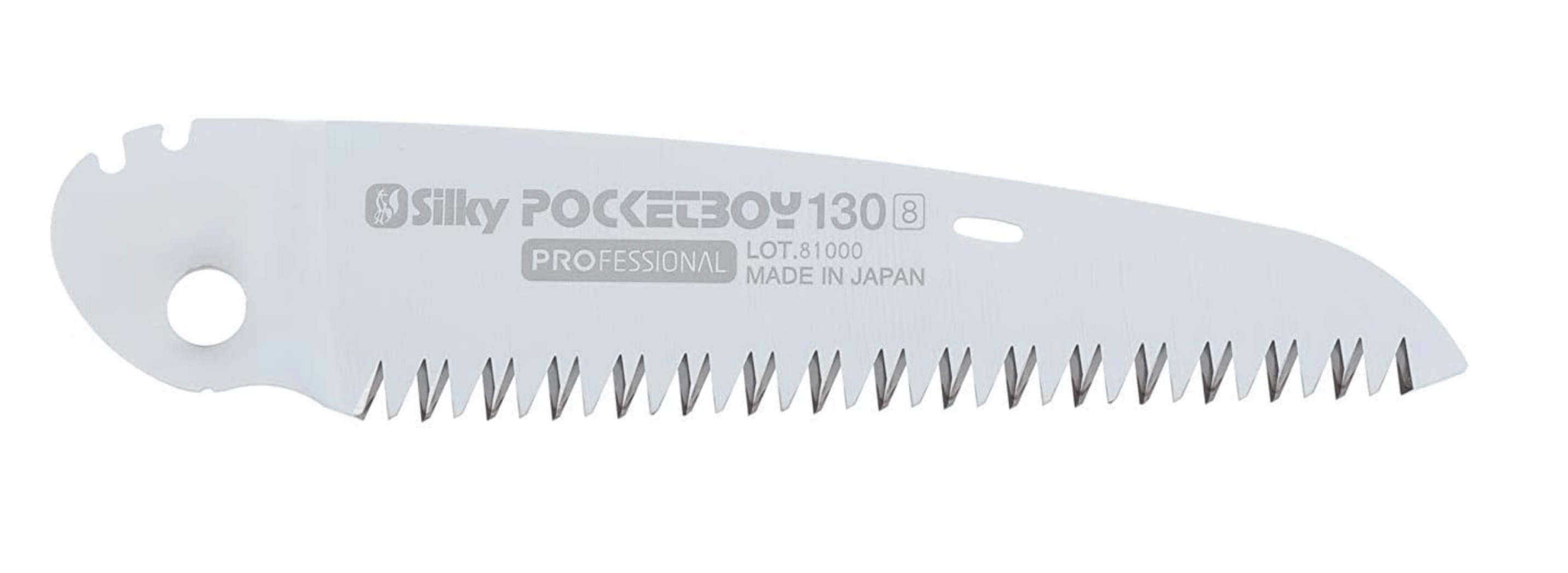 A replacement blade for the BBT Silky Pocket Boy 130 Folding Saw features sharp, jagged teeth and product details on the metal surface. Its interchangeable design lets you switch blades easily for quick maintenance.