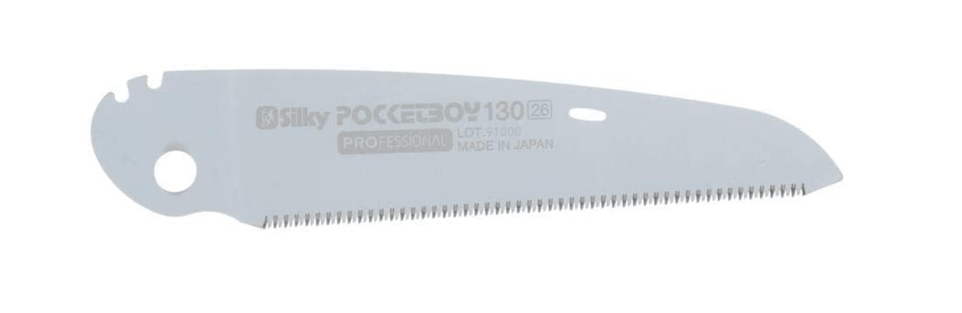 A replacement blade for the BBT Silky Pocket Boy 130 Folding Saw, featuring fine teeth and a curved tip with etched branding and details. Compatible with pocket handsaws that use interchangeable blades.