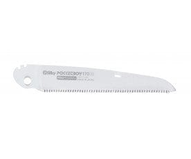 The BBT Pocket Boy 170 Folding Saw's high-quality replacement blade has fine teeth and is displayed against a white background. Its design ensures precision, while the saw’s locking mechanism enhances security during use.