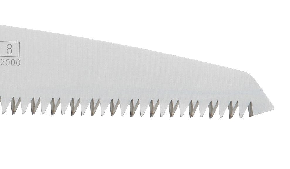 Close-up of a serrated metal blade with sharp, pointed teeth against a white background—demonstrating the precision you’d expect from the SHT Gomtaro Saw and Sheath.