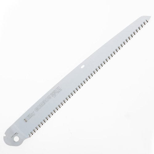 The SHT Silky Gomboy 300 is a silver saw blade made from high-quality Japanese steel, featuring jagged teeth on one edge, holes near each end, and Japanese text on its flat surface, shown against a plain white background.