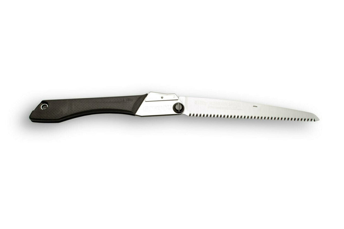 The BBT Silky Gomboy 240 Folding Saw features a black handle and fine-tooth gleaming blade, designed for precise trail maintenance tasks, partially extended.