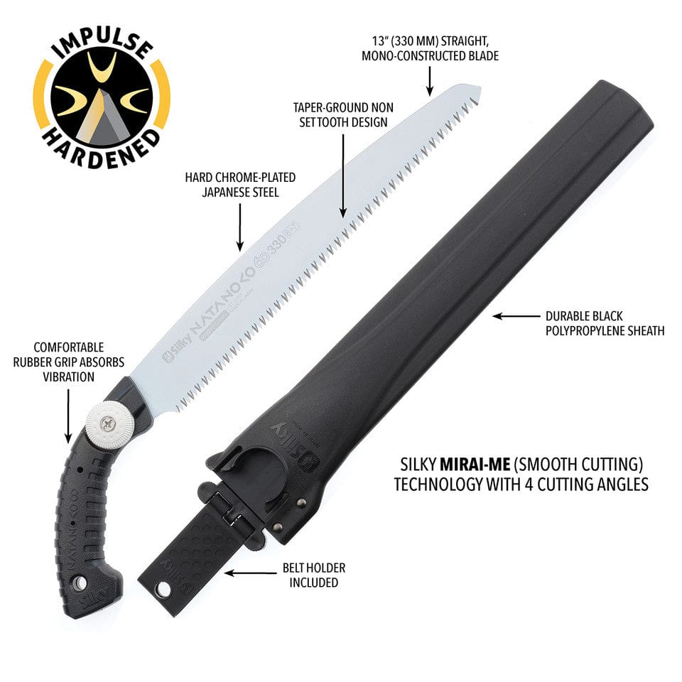 The SHT Natanoko Hand Saw features a straight, 13-inch chrome-plated blade with impulse-hardened teeth, smooth cutting, a rubber grip, a durable black sheath, and a convenient belt holder for easy carrying.
