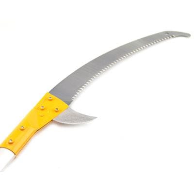The SHT Nobasu Aluminum Notch Pole Saw with Silky Blade features a curved, serrated silver blade and yellow handle—ideal for pruning large branches or as a professional pole saw when paired with an aluminum telescoping pole.
