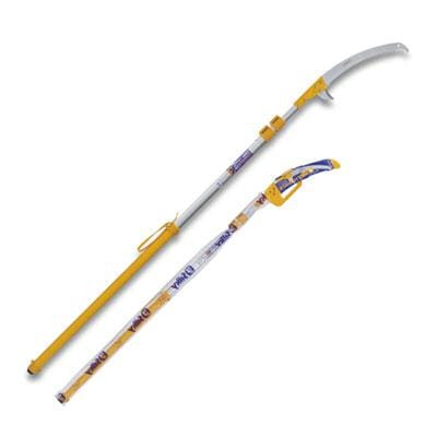 The SHT Nobasu Aluminum Notch Pole Saw with Silky Blade features a yellow handle, telescoping aluminum pole, and curved blade for pruning large branches. Shown extended/retracted with blade covers on a white background.