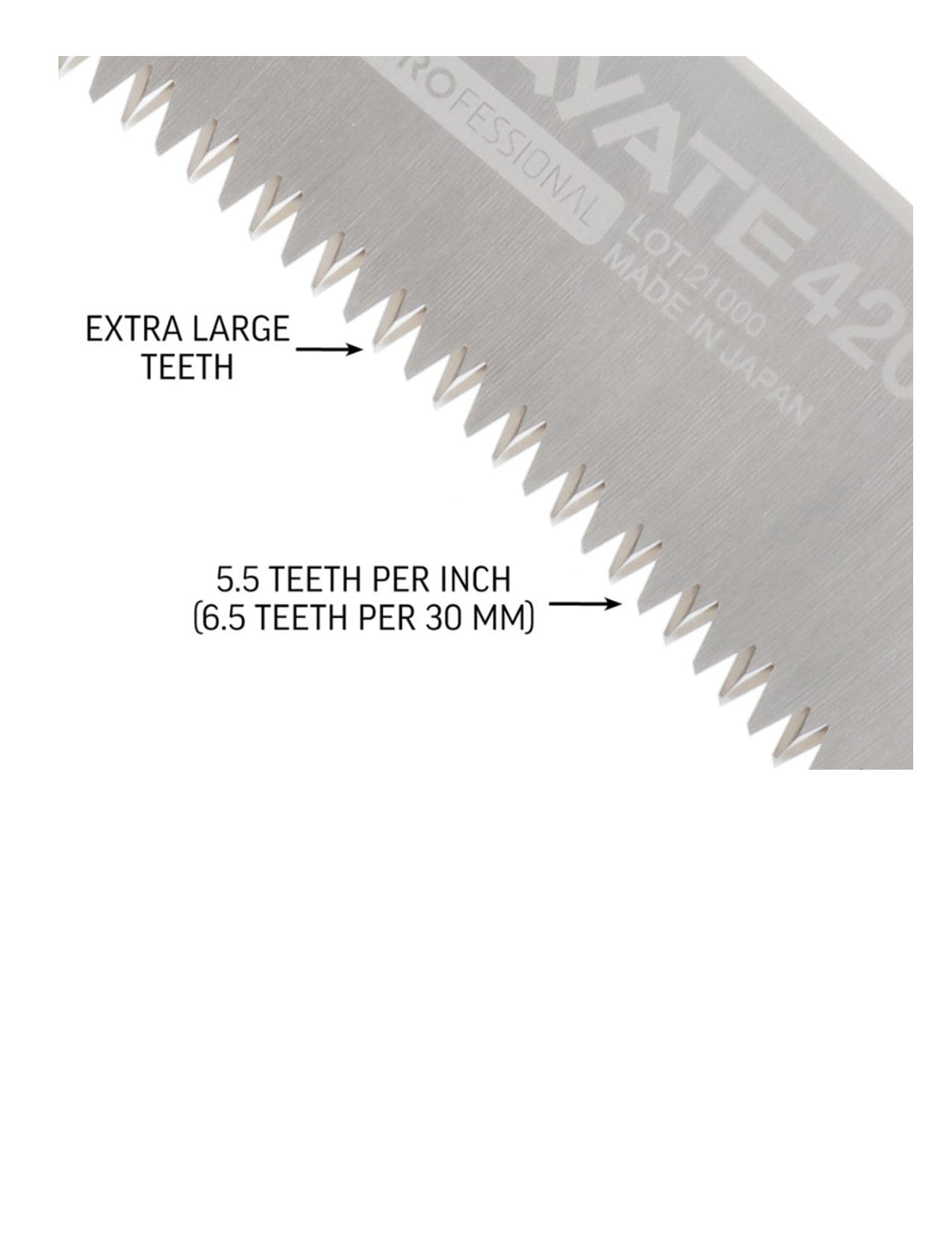 Close-up of the SHT Nobasu Aluminum Notch Pole Saw with Silky Blade; labeled arrows highlight its extra-large teeth (5.5 per inch/6.5 per 30 mm), making it ideal for pruning large branches.