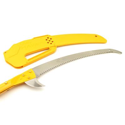 The SHT Nobasu Aluminum Notch Pole Saw with Silky Blade, featuring a yellow handle and matching sheath, is displayed on a white background—perfect for pruning large branches.