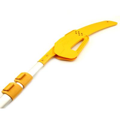 The SHT Nobasu Aluminum Notch Pole Saw with Silky Blade features a white telescoping handle, orange curved blade, adjustable orange attachments, and a protective sheath—perfect for pruning large branches.