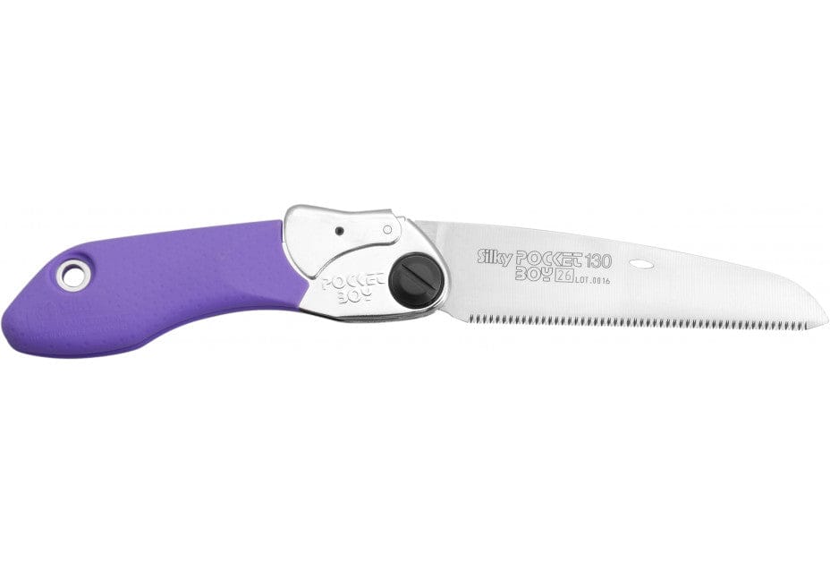 A compact folding saw by BBT, the Silky Pocket Boy 130 features a purple handle and silver serrated blade with fine teeth partially exposed for precise cutting.