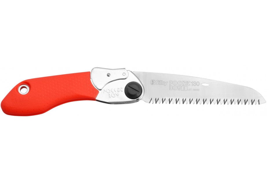 The BBT Silky Pocket Boy 130 Folding Saw is a compact pocket handsaw with a red handle, silver blade featuring large sharp teeth, and Silky POCKETBOY engraved on the partially open blade—ideal for your toolkit.