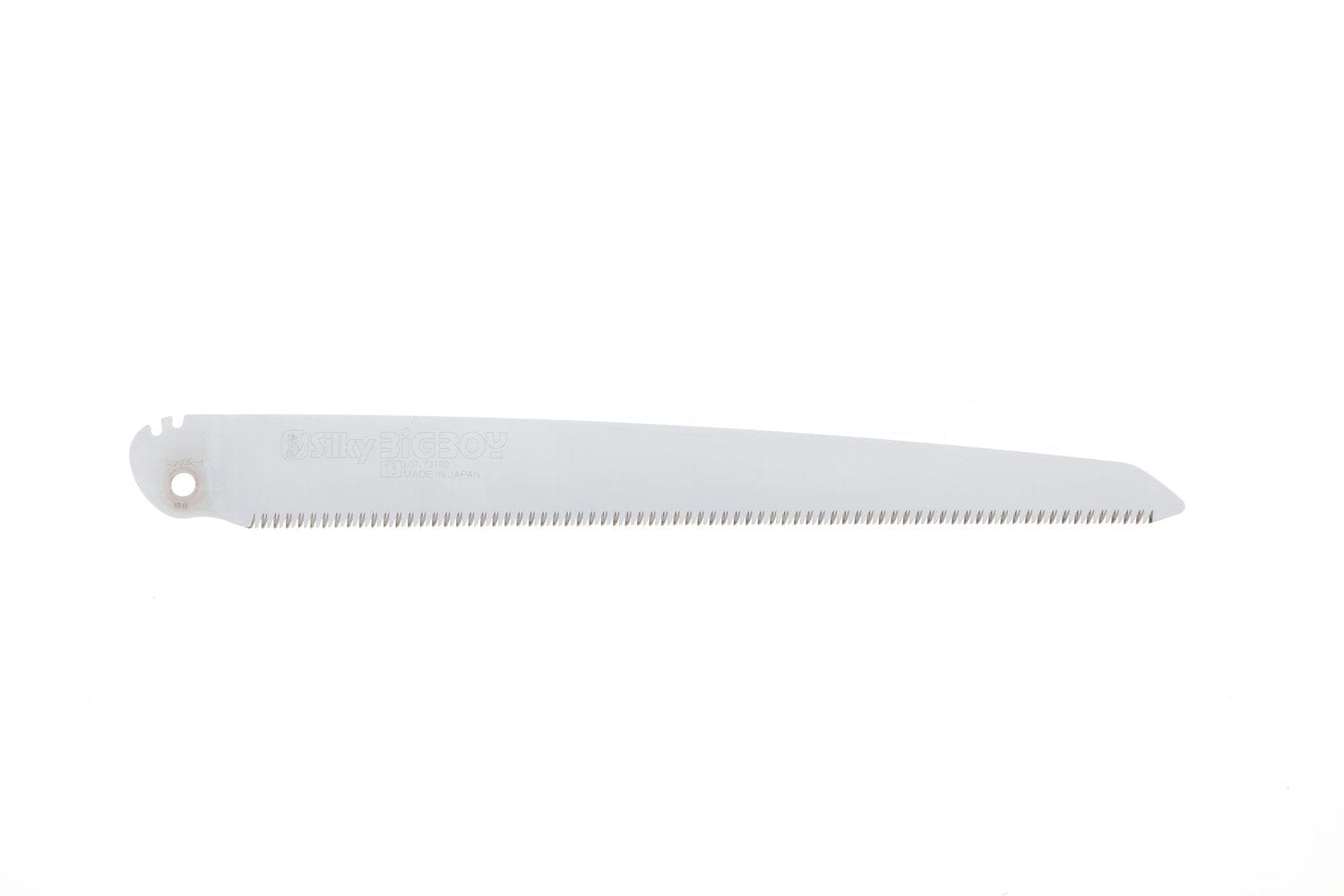 The SHT Silky Big Boy Saw is a silver folding saw with fine teeth and a hole near the handle end, shown isolated on a white background.