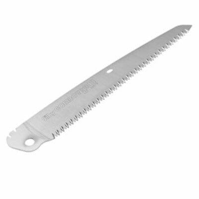The BBT Silky Gomboy 240 Folding Saw features sharp, jagged teeth ideal for cutting tree limbs during trail maintenance and includes a small hole at one end, all set against a plain white background.
