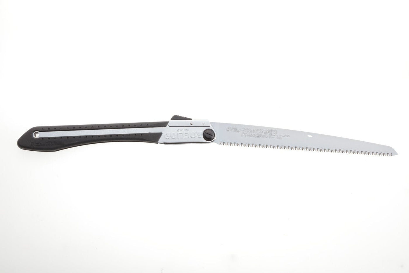 The SHT Silky Gomboy 300 folding saw features a black ergonomic handle and a partially folded silver Japanese steel blade with sharp teeth, shown against a white background.