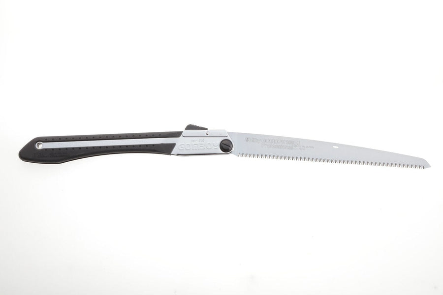 The SHT Silky Gomboy 300 folding saw features a black ergonomic handle and a partially folded silver Japanese steel blade with sharp teeth, shown against a white background.