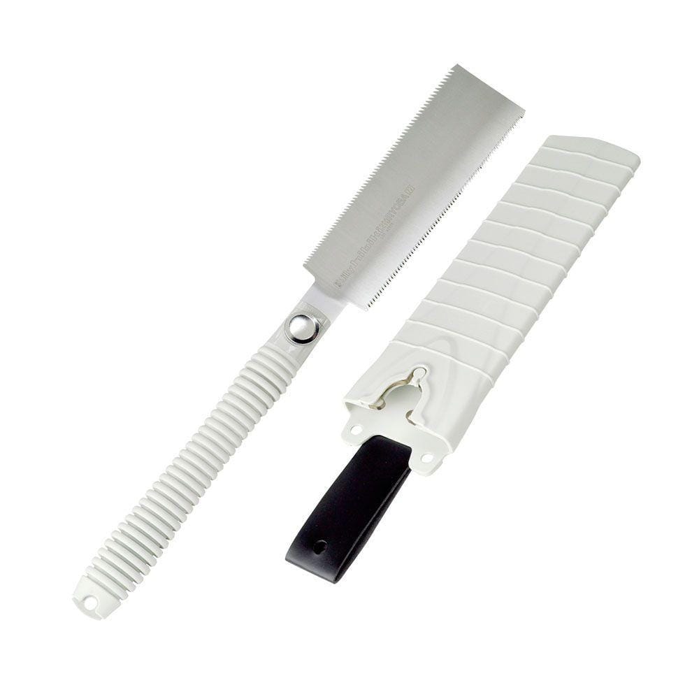 The SHT Silky Hibiki Ryoba Handsaw features a ribbed white handle and a rectangular blade with fine, impulse-hardened teeth for precise, durable cuts. Shown beside its white plastic sheath with a black attachment clip.