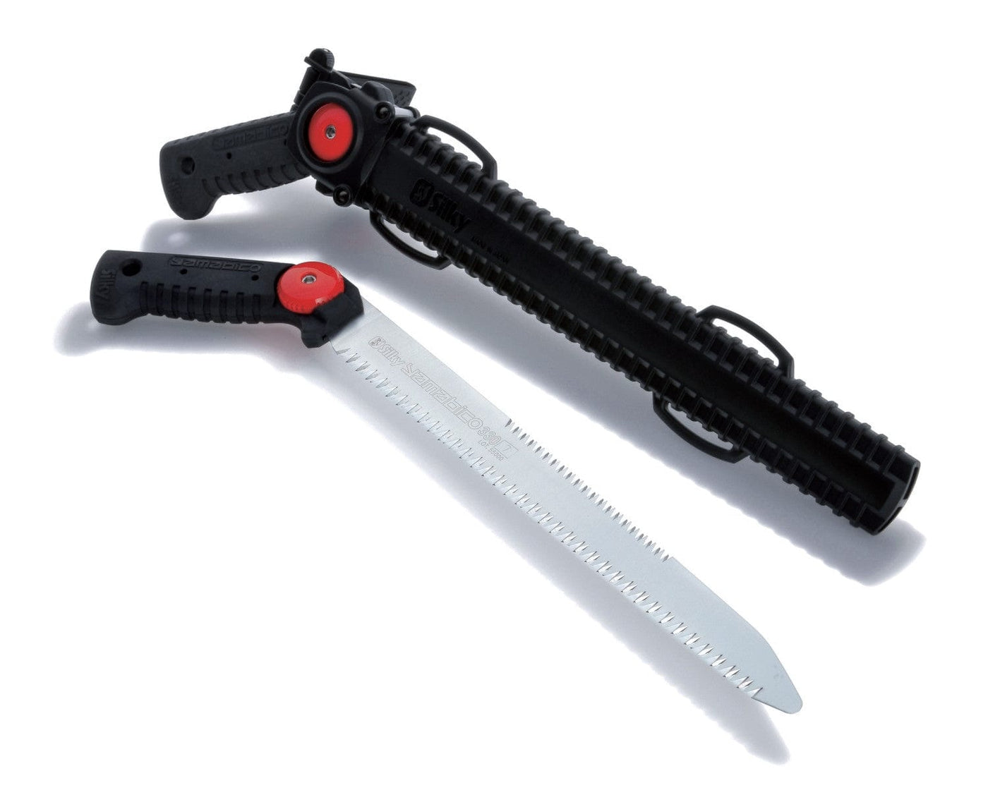 The SHT Silky Yamabico Pruning Saw, featuring a silver blade and a black and red handle, is shown next to its black plastic sheath with belt loops on a white background.