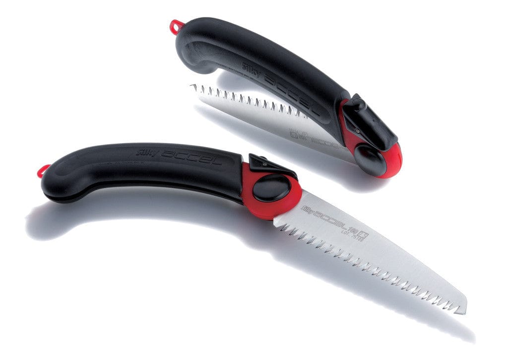 Two SHT Silky Accel 160 Folding Saws with black curved handles and silver blades—one open to reveal its serrated edge, the other closed with the blade folded into the handle.