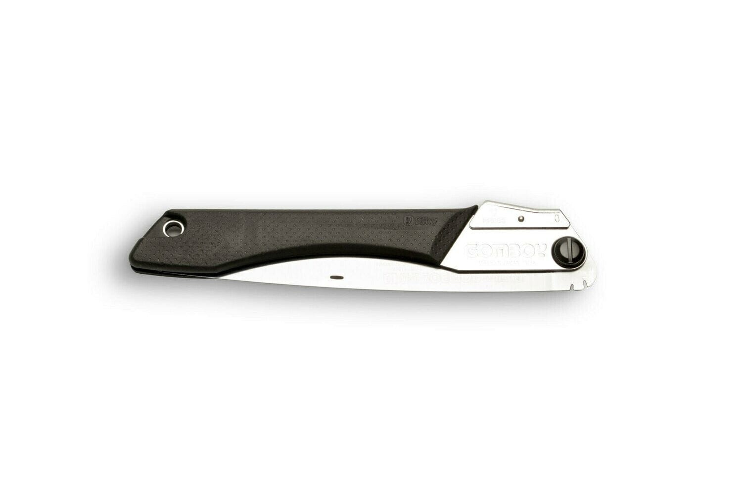 The SHT Silky Gomboy 240 Folding Saw, shown closed with a black and silver handle against a white background, is a compact choice for trail maintenance and outdoor tasks—available with coarse, medium, or fine teeth.