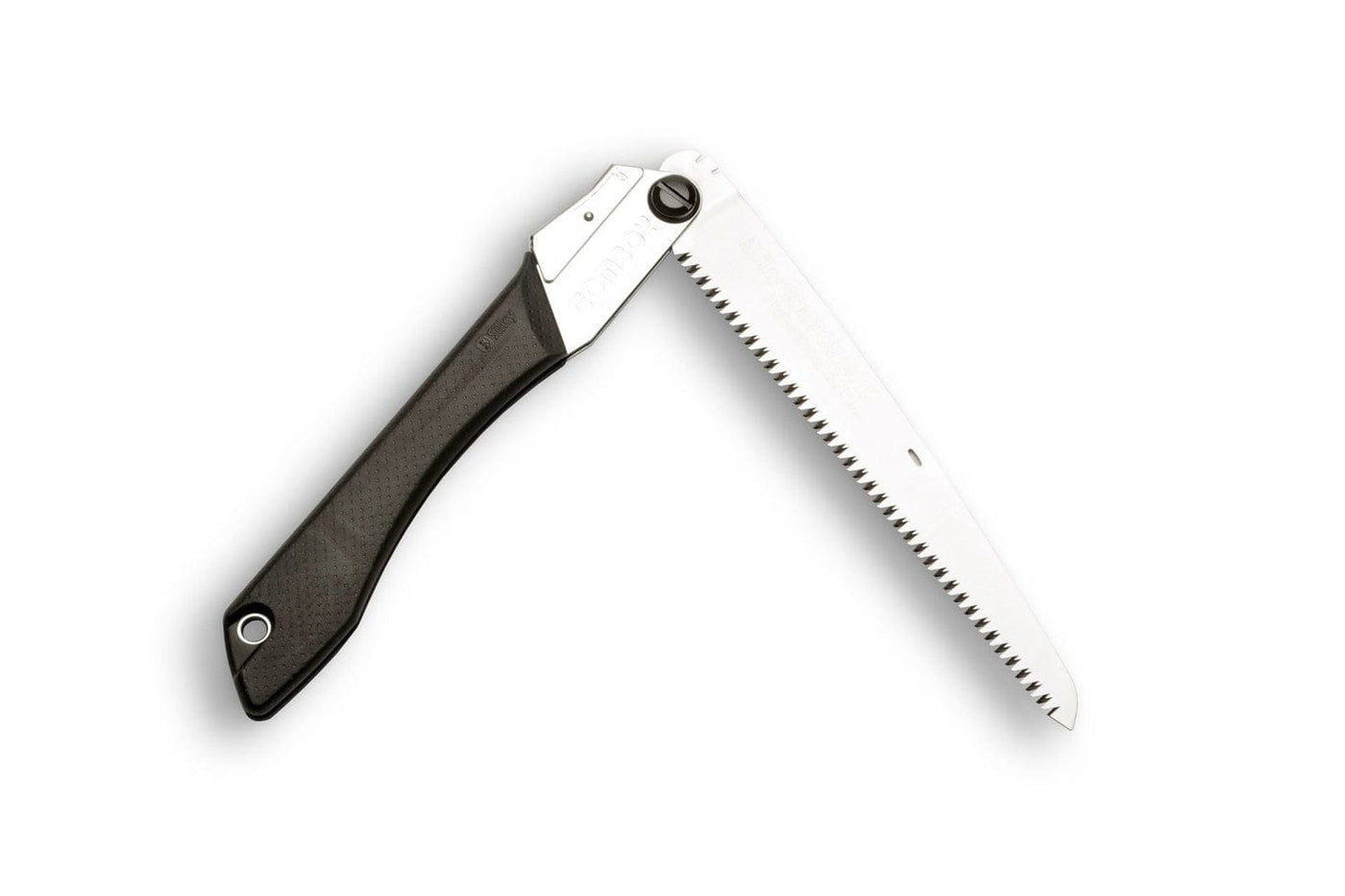 The SHT Silky Gomboy 240 Folding Saw, featuring a black handle and partially open silver serrated blade, is ideal for pruning and displayed against a white background. Available with coarse, medium, or fine teeth.