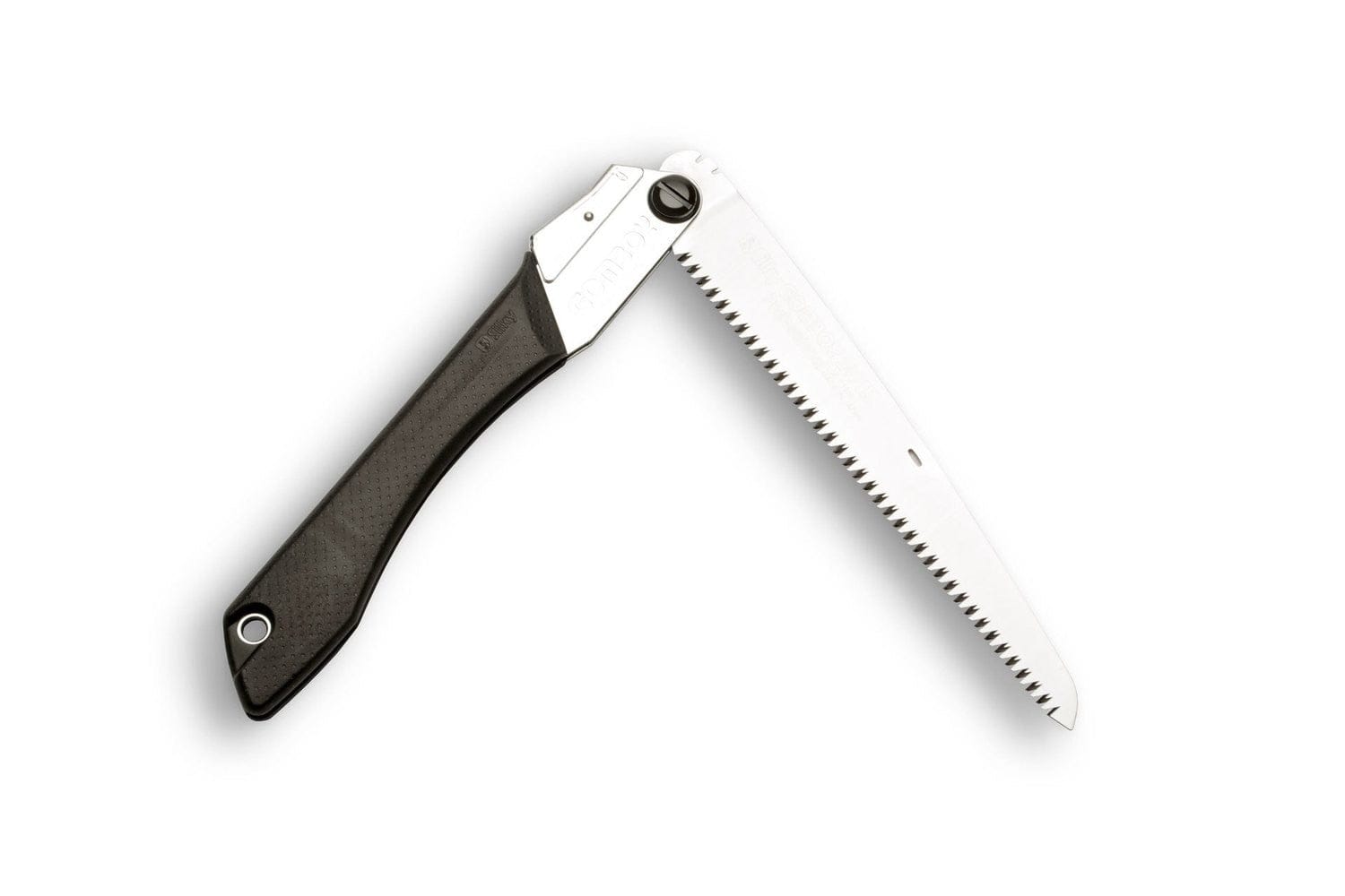 The SHT Silky Gomboy 240 Folding Saw, featuring a black handle and partially open silver serrated blade, is ideal for pruning and displayed against a white background. Available with coarse, medium, or fine teeth.