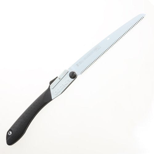 The SHT Silky Gomboy 240 Folding Saw features a black textured handle and a long, silver blade with sharp teeth. The blade locks securely when partially extended, making it ideal for trail maintenance. Available in coarse, medium, or fine teeth.