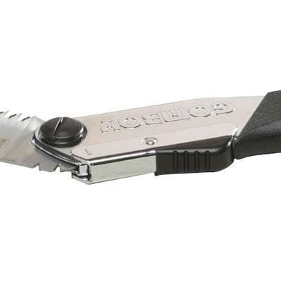 Close-up of the SHT Silky Gomboy 240 Folding Saw with a black handle. The blade, partially open, shows its serrated edge and sturdy locking—ideal for trail or garden pruning. "GOMBOY" is engraved on the metallic part. Available in course, medium, or fine teeth.