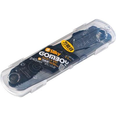 The SHT Silky Gomboy 240 Folding Saw, available with coarse, medium, or fine teeth, comes in a clear case with a visible black handle—compact and ideal for trail maintenance or pruning.