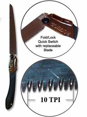 The SHT Silky Gomboy 240 Folding Saw features a black handle, close-up fold/lock mechanism, and detailed 10 TPI blade. Its quick switch lock and replaceable blade make it ideal for pruning or trail maintenance. Available in coarse, medium, or fine teeth.