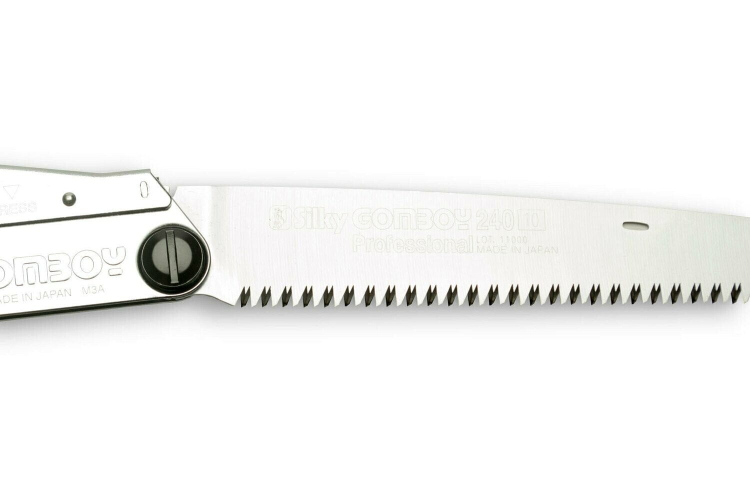 The BBT Silky Gomboy 240 folding saw, featuring fine teeth and a silver serrated blade, is ideal for trail maintenance and cutting tree limbs. The black handle complements its robust design. This reliable and efficient tool is made in Japan.