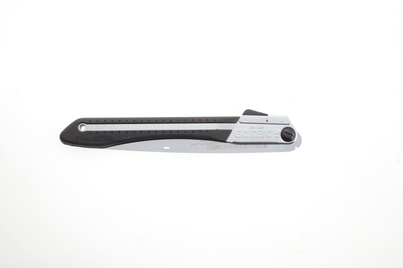 The SHT Silky Gomboy 300 folding hand saw features a black and silver handle and a partially visible Japanese steel blade, shown against a plain white background.