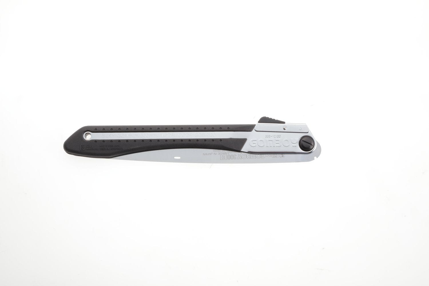 The SHT Silky Gomboy 300 folding hand saw features a black and silver handle and a partially visible Japanese steel blade, shown against a plain white background.