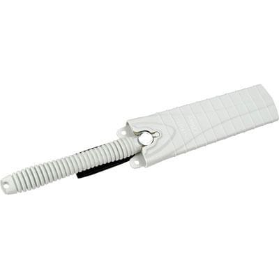 The SHT Silky Hibiki Ryoba Handsaw features a white plastic grooved handle and a rectangular, textured blade with a Japanese-style design, partially covered by a matching sheath.