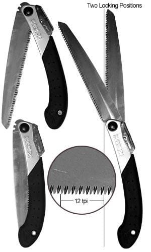 The SHT Silky Super Accel 210 Folding Saw is shown open in two positions and closed, featuring a black handle. An inset highlights its 12 TPI pull-stroke teeth, and text notes its two locking positions.