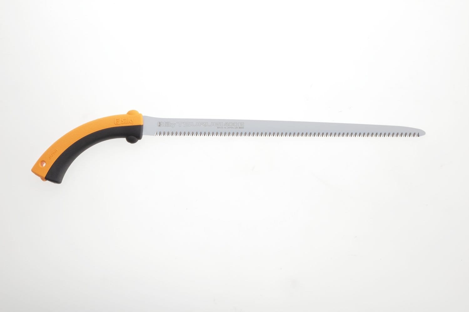 The SHT TSURUGI 400 MEDIUM TEETH 8.5TPI is a long, slim pruning saw with a curved orange and black handle and a straight blade with sharp, evenly spaced teeth—perfect for precision cuts. Displayed on a plain white background.