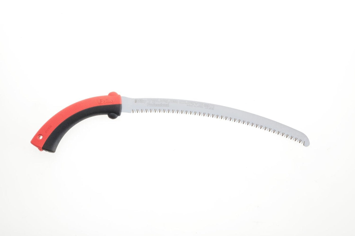 The SHT Tsurugi Arborist Saw 375 mm features a red and black ergonomic handle and a long, silver impulse-hardened blade, shown against a white background.