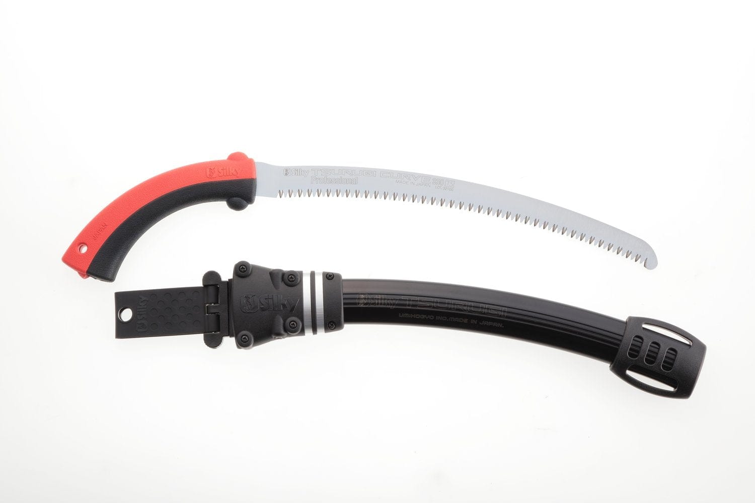 The SHT Tsurugi Arborist Saw 375 mm, featuring a red and black handle and an impulse-hardened blade, is shown above its matching black sheath against a white background.